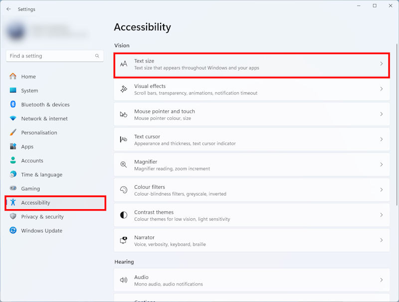 Open the Accessibility settings. Click Text size.